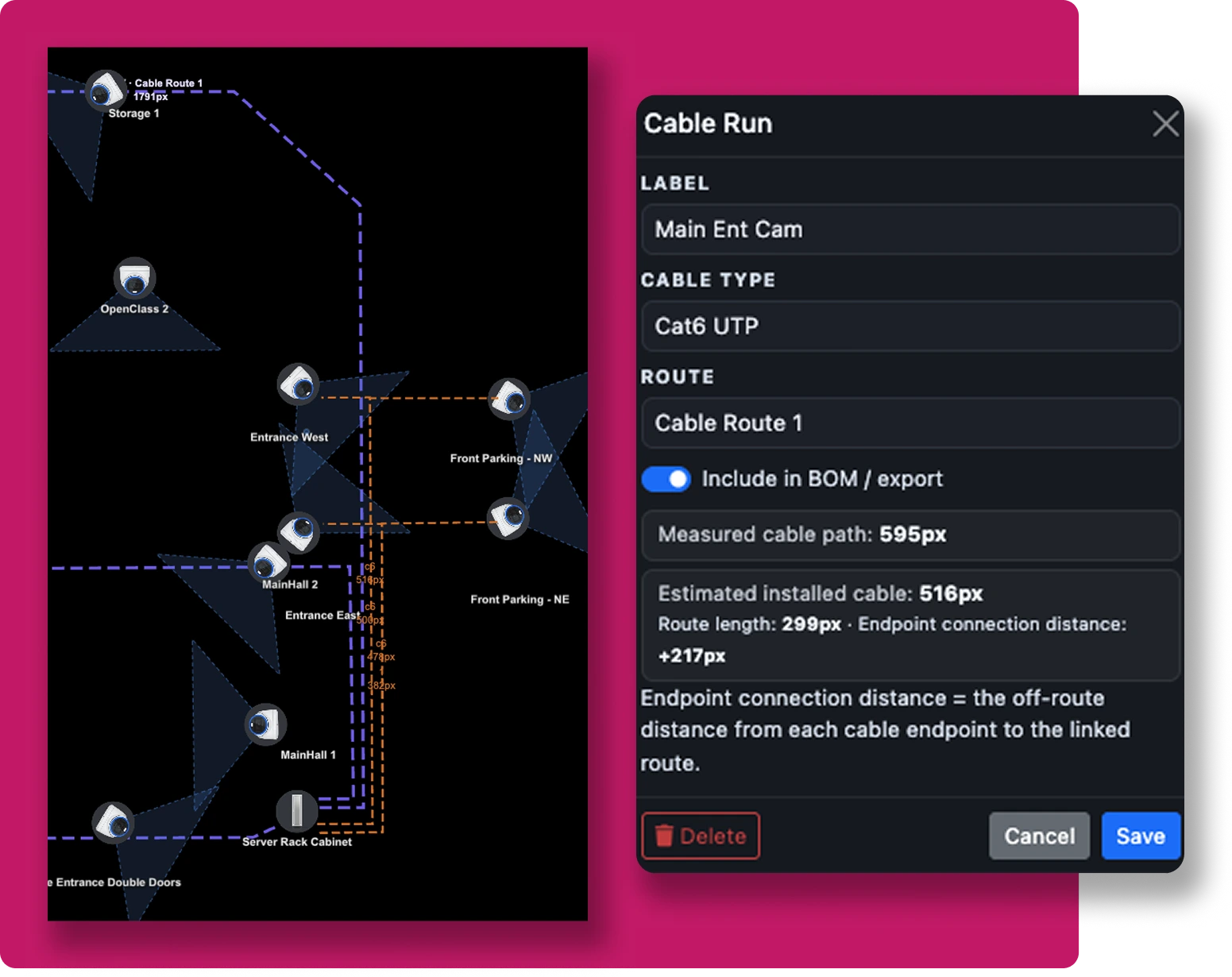 Udora Systems Designer cable planning screenshot